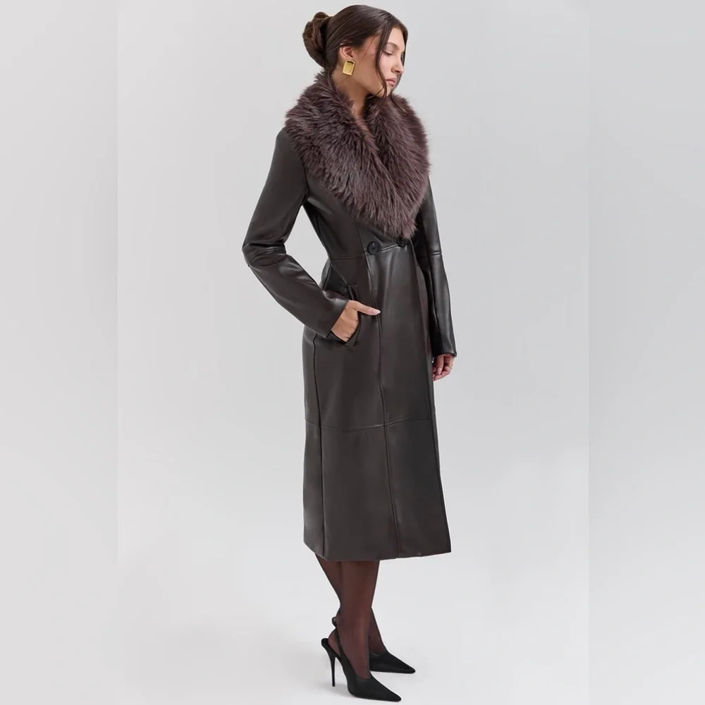 House of CB MARCEL Brown Faux Fur Trimmed Vegan Leather Coat NWOT